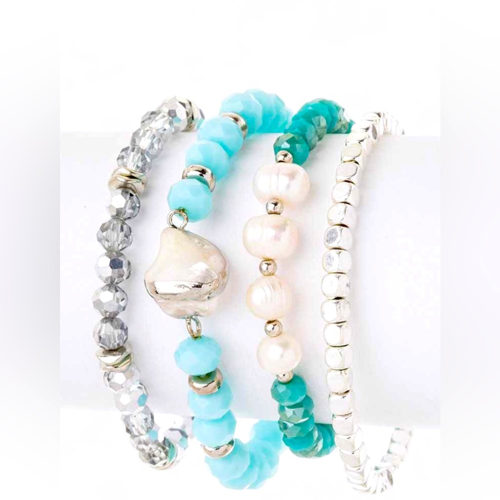 4PC Silver and Blue Beads Minimalist Bracelet Set
